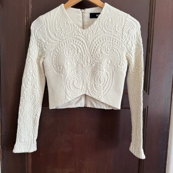 NICHOLAS | Cream Embossed Back Zip Point Waist Long Sleeve Crop Top | Size 2 - Picture 1 of 8